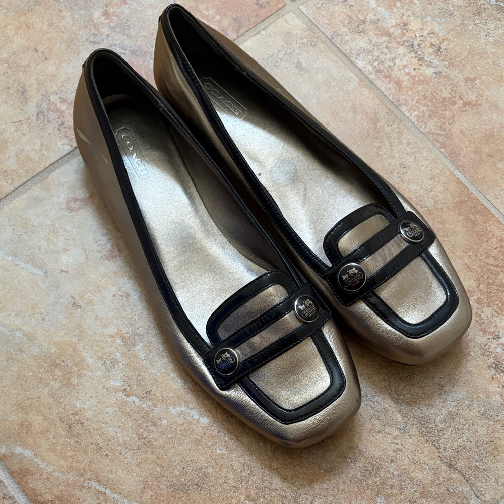 Coach Metallic Gold and Black Square-Toe Ballet Flats